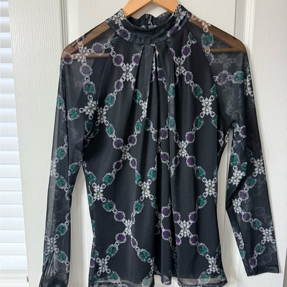 Melanie Lyne Sheer Mesh Blouse Jewel Print | Size L | Mock Neck Long Sleeve